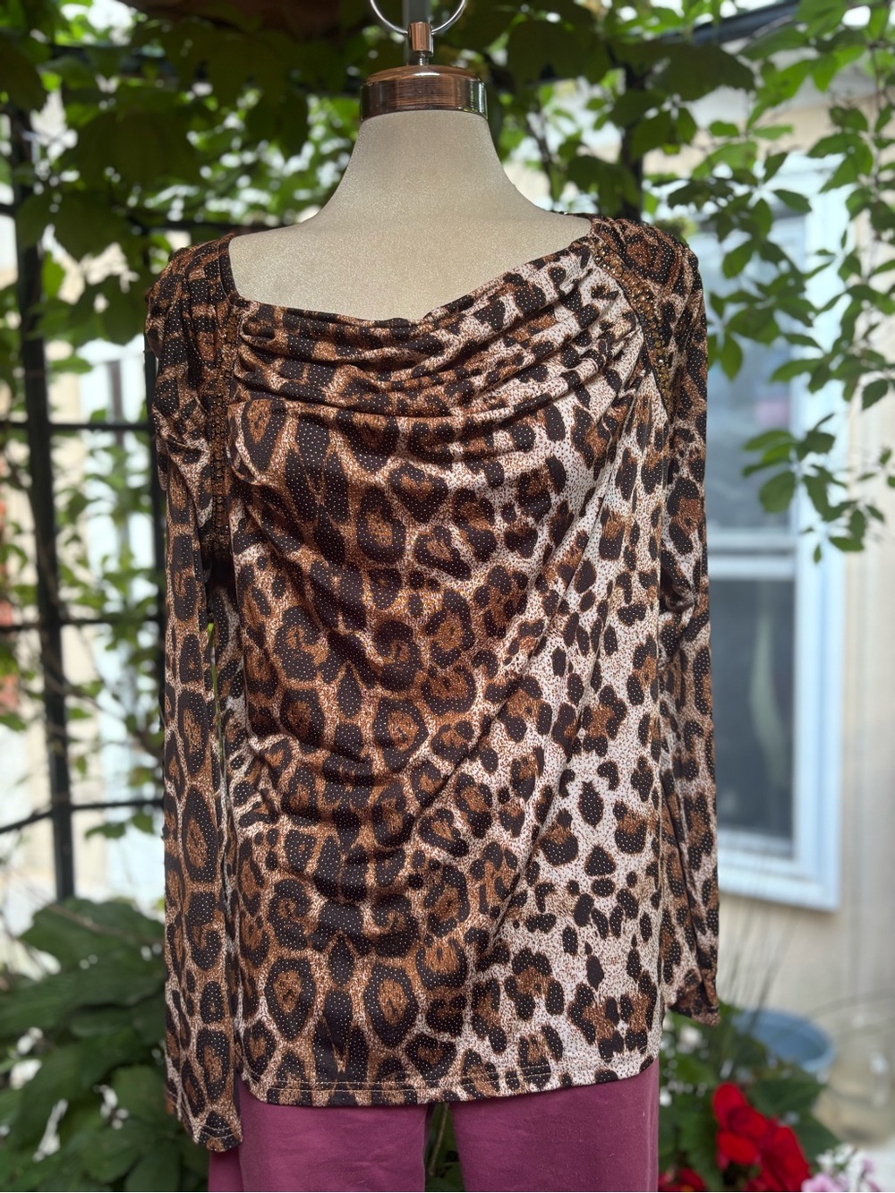 Abella Brown Leopard Print Draped Neck Blouse